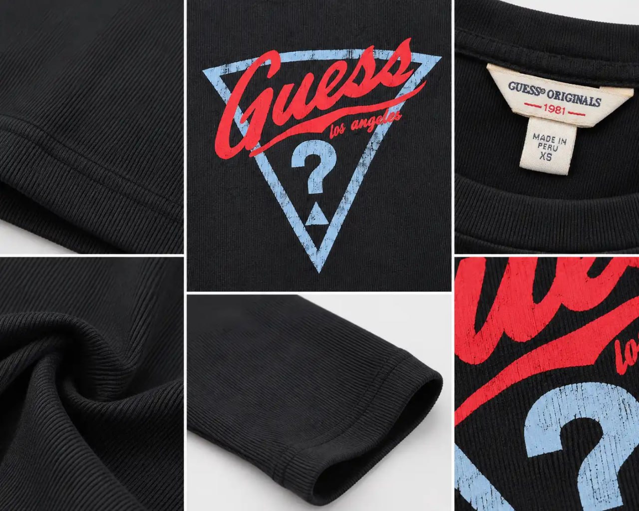 Collage of a black Guess sweatshirt with logo and tag details.