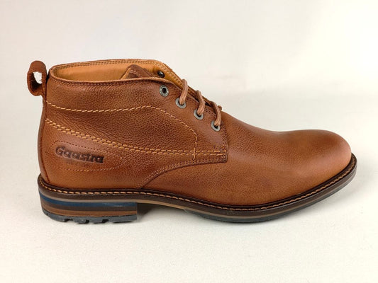A single brown leather ankle boot with laces, shown in a side profile against a plain light background. The brand name 'Gastina' is embossed on the side of the heel.