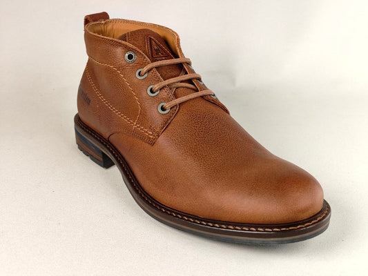 A single brown leather ankle boot with laces, shown from a three-quarters angle on a light beige background.