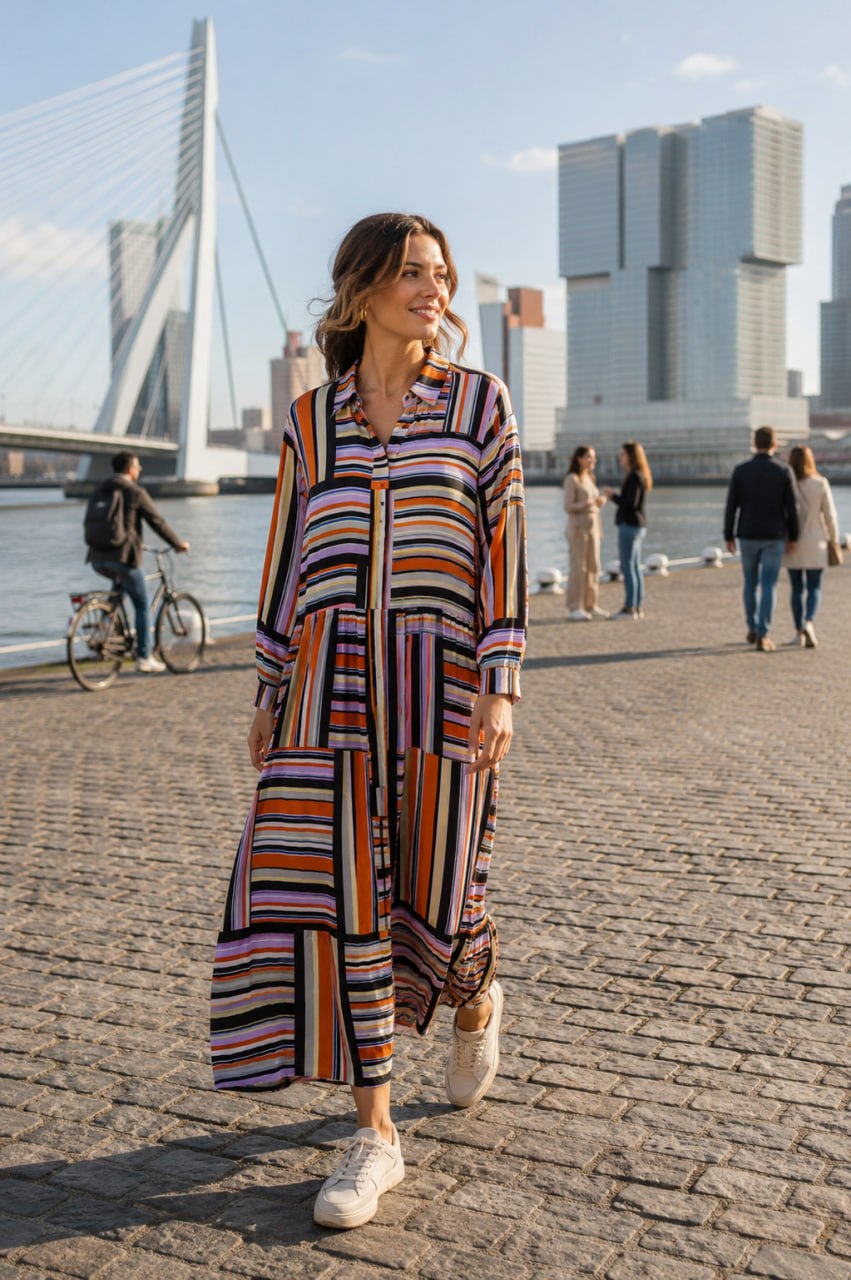 Woman in a colorful dress standing on a promenade with a cityscape in the background