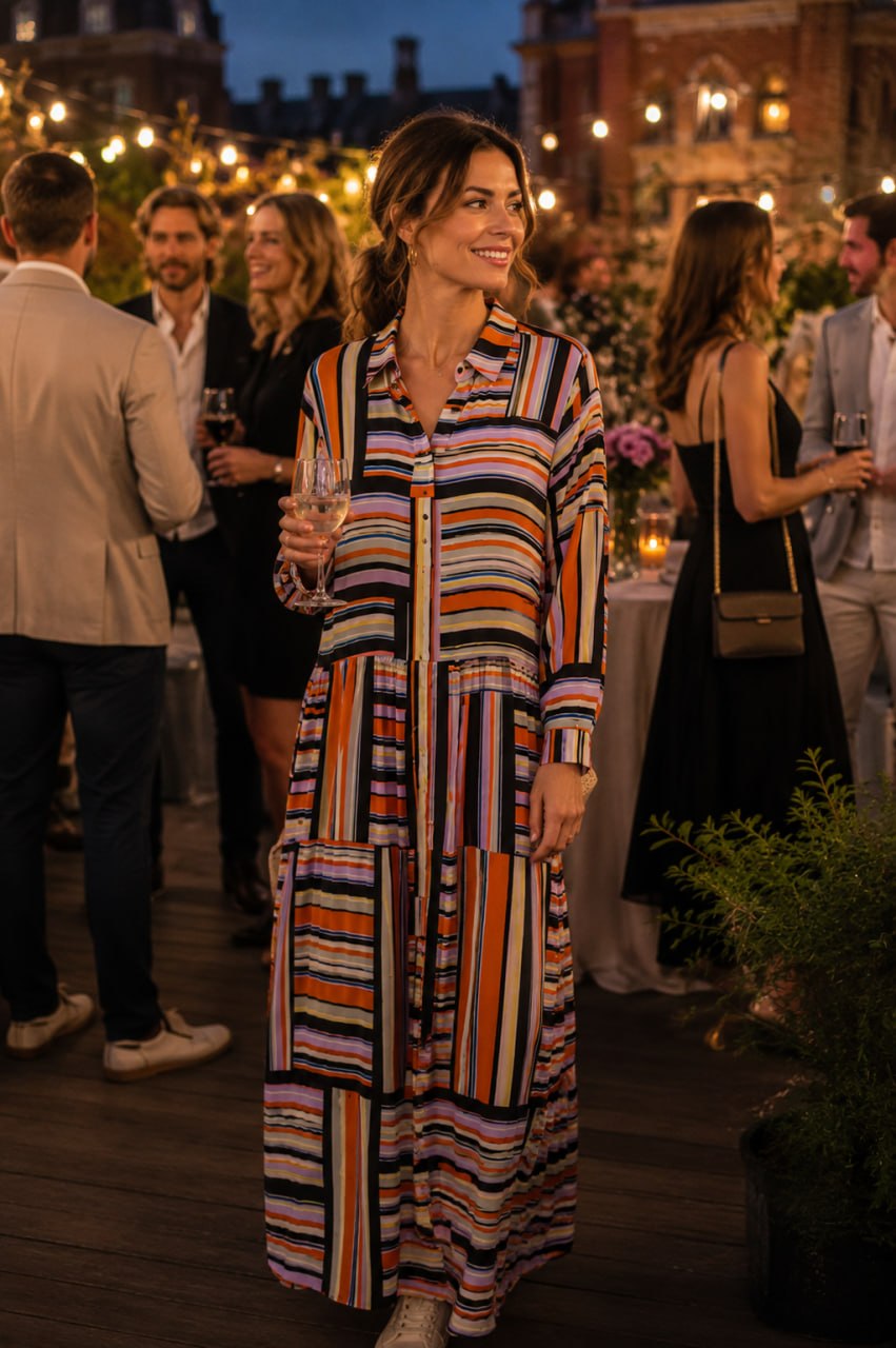 Woman wearing InWear Hara Dress Blocking Stripe colorful striped maxi shirt dress at outdoor evening event