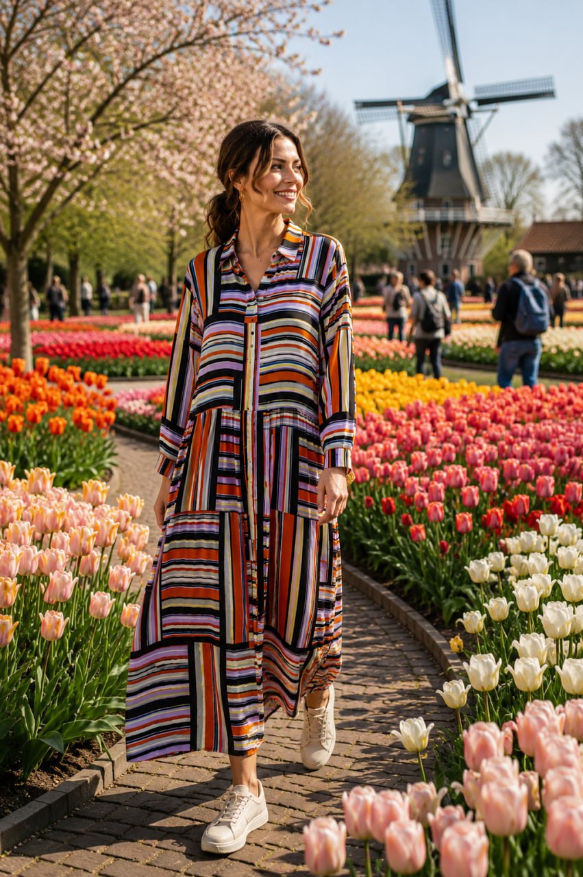 InWear Hara Dress Blocking Stripe colorful striped women's maxi dress at Keukenhof tulip garden Holland