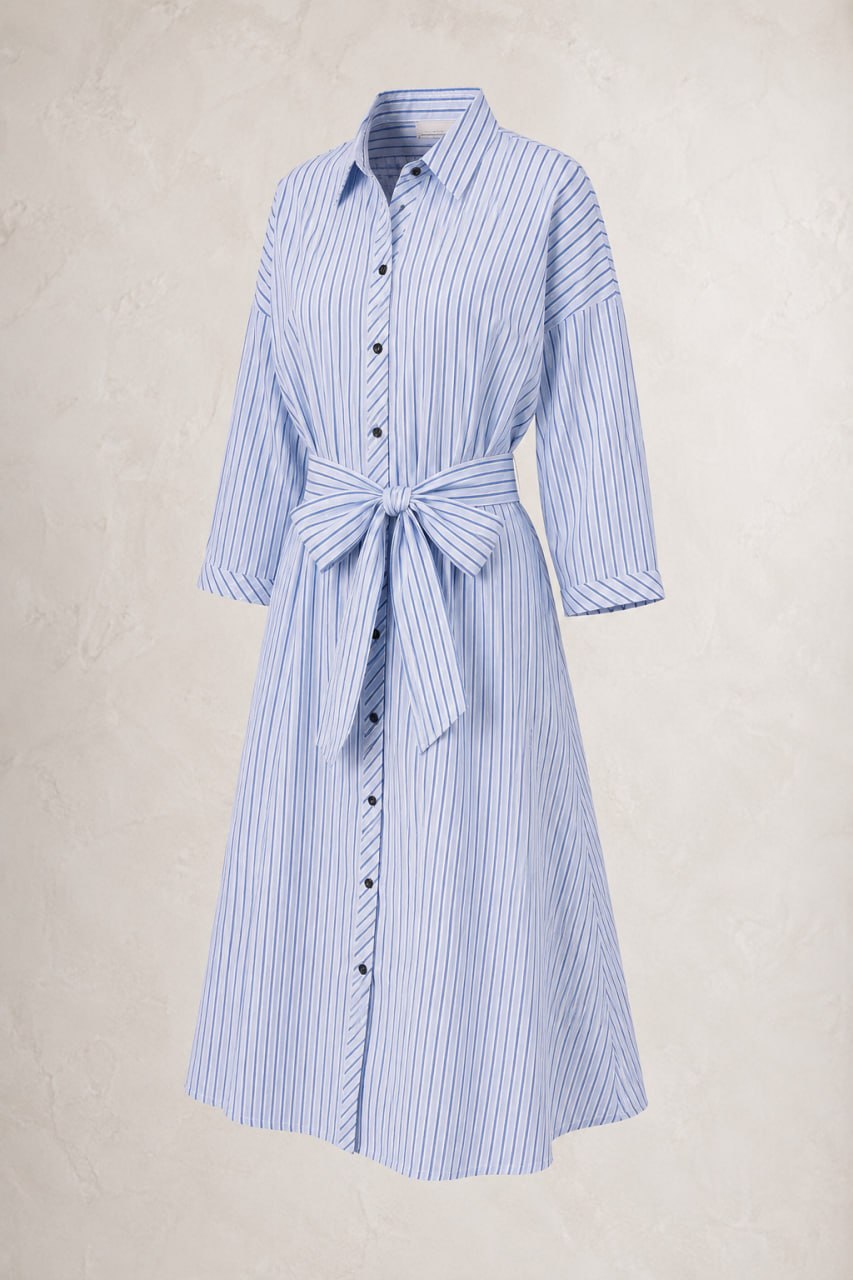 Blue and white striped dress with a belt on a light gray background
