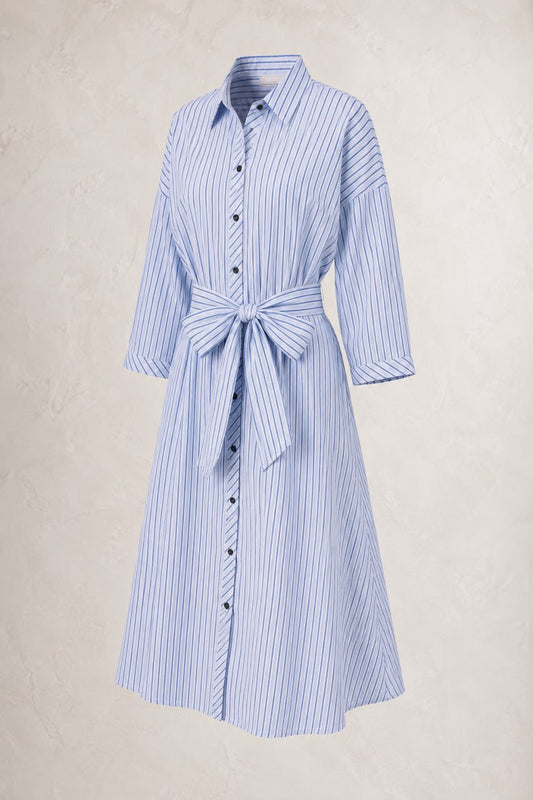 Blue and white striped dress with a belt on a light gray background