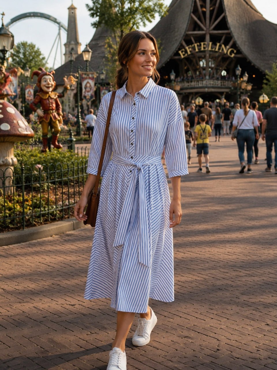 Woman in a blue striped dress walking through a theme park with 'Efteling' in the background.