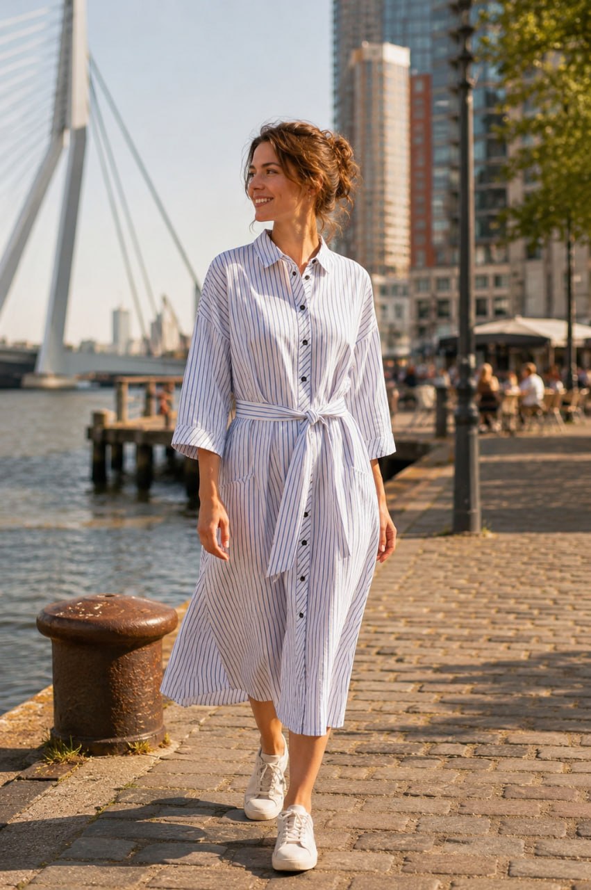Woman in a striped dress walking along a waterfront promenade with buildings and water in the background.