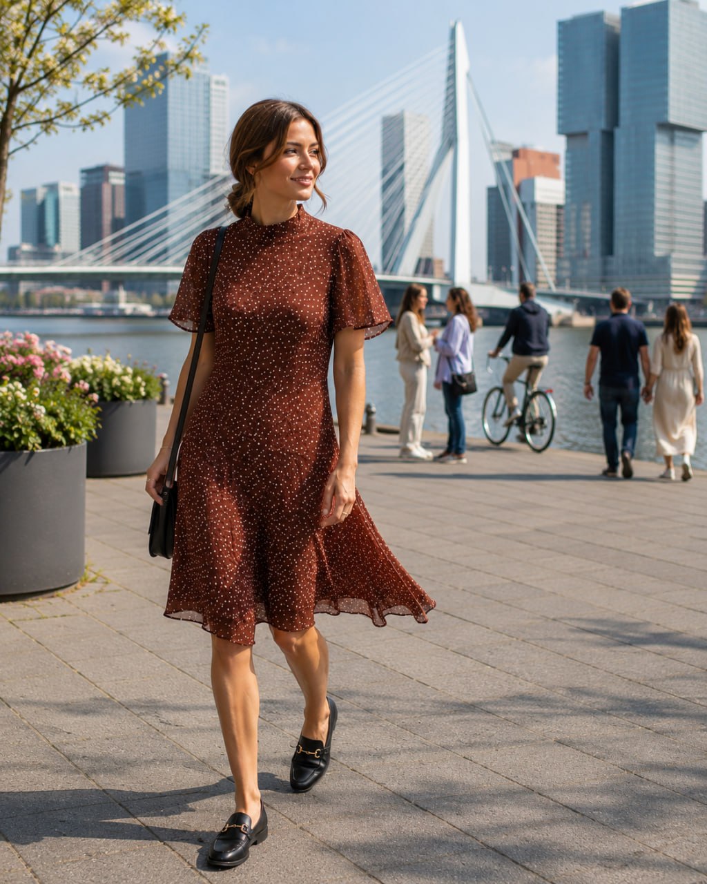 Woman in a brown dress standing in an urban setting with modern buildings and a bridge.