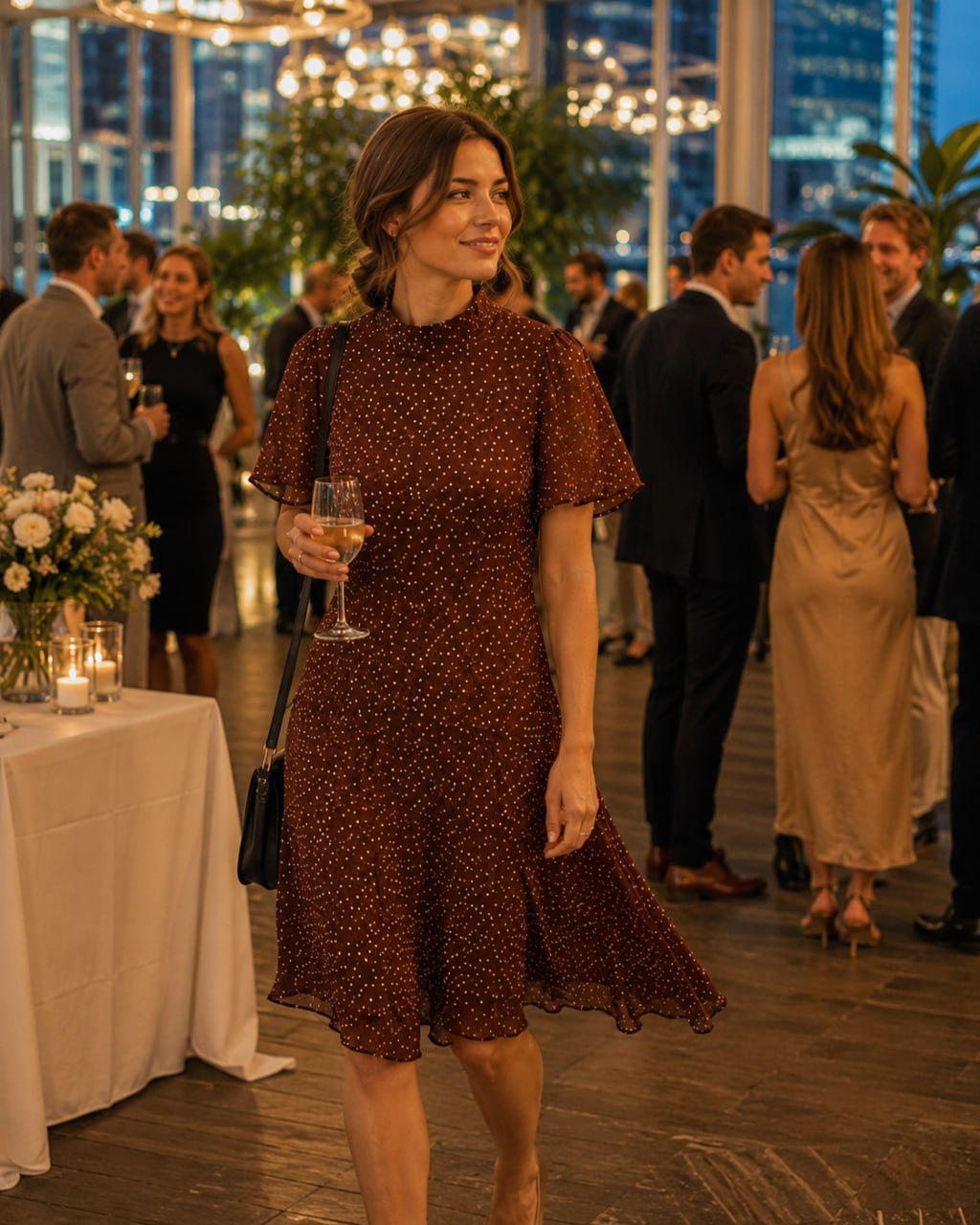 Woman in a brown dress holding a glass of wine at an outdoor evening event with cityscape background