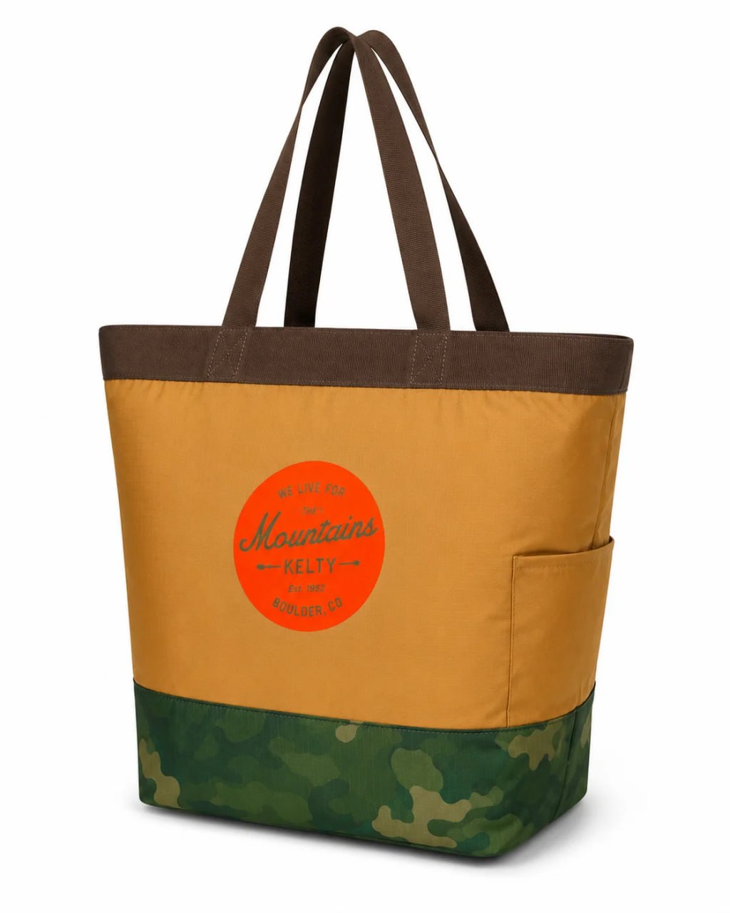 Tote bag with brown top section, orange circle logo, and green camouflage bottom on a white background