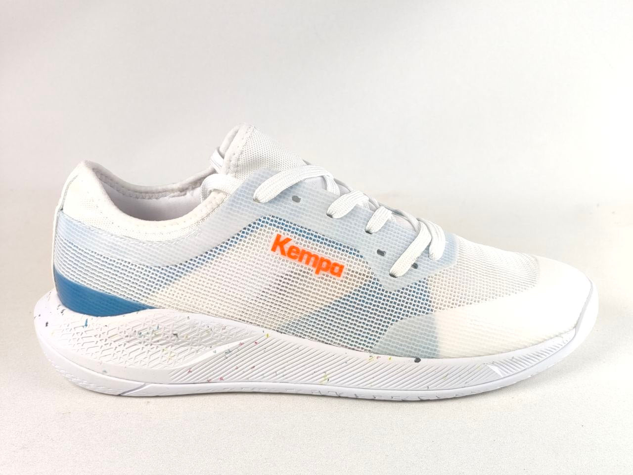 A white Kempo athletic sneaker with light blue mesh panels, a blue heel accent, and an orange Kempo logo on the side, shown against a plain light background.