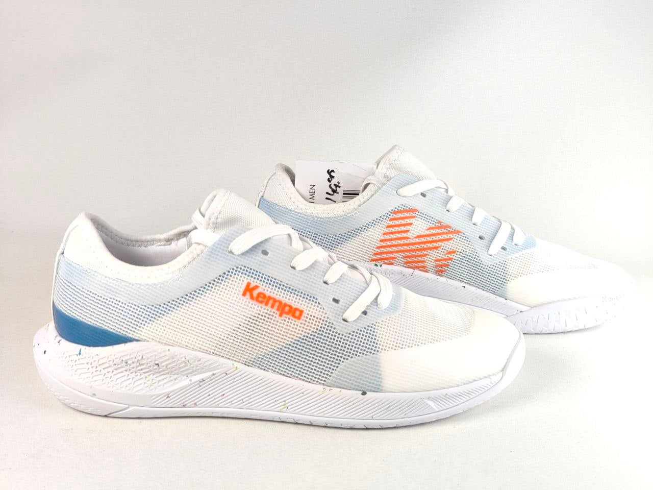 A pair of Kempo athletic sneakers in white, featuring light blue mesh panels, a blue heel accent, and orange branding details.