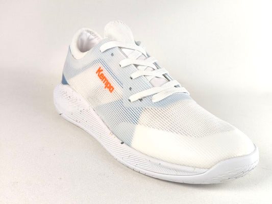 A white Kappa athletic sneaker with light blue mesh panels and an orange Kappa logo on the side, shown against a plain light background.