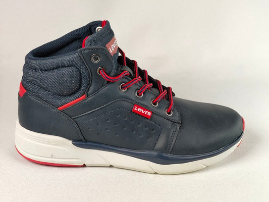 A navy blue Levi's mid-top sneaker with red laces, red accents, and a white sole, shown from a side profile on a light gray background.