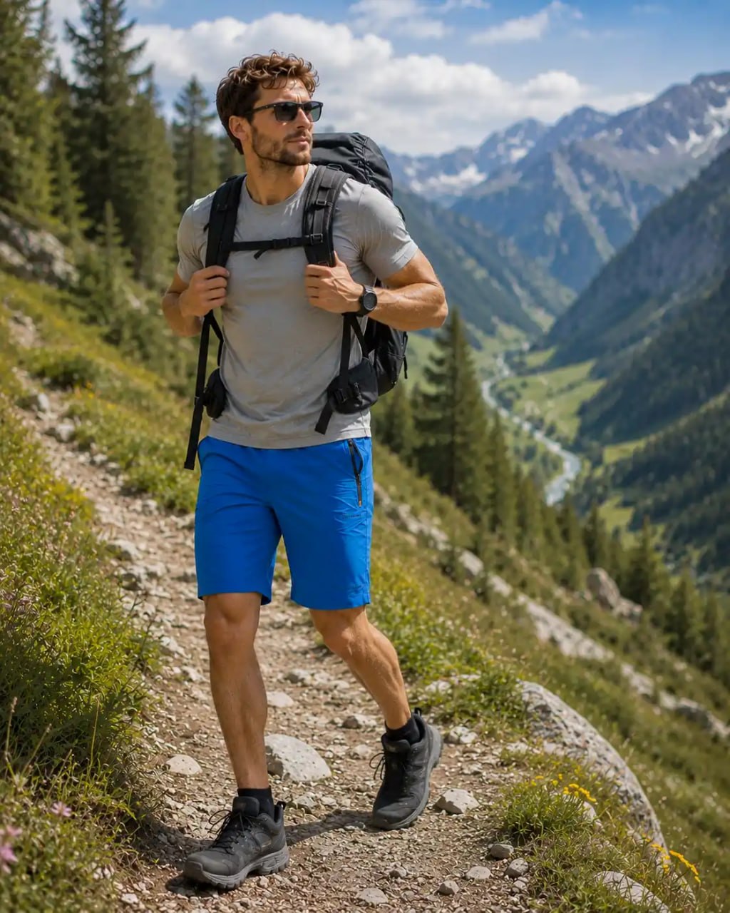 Man hiking on a mountain trail with a backpack and sunglasses in a Life-Line blue short