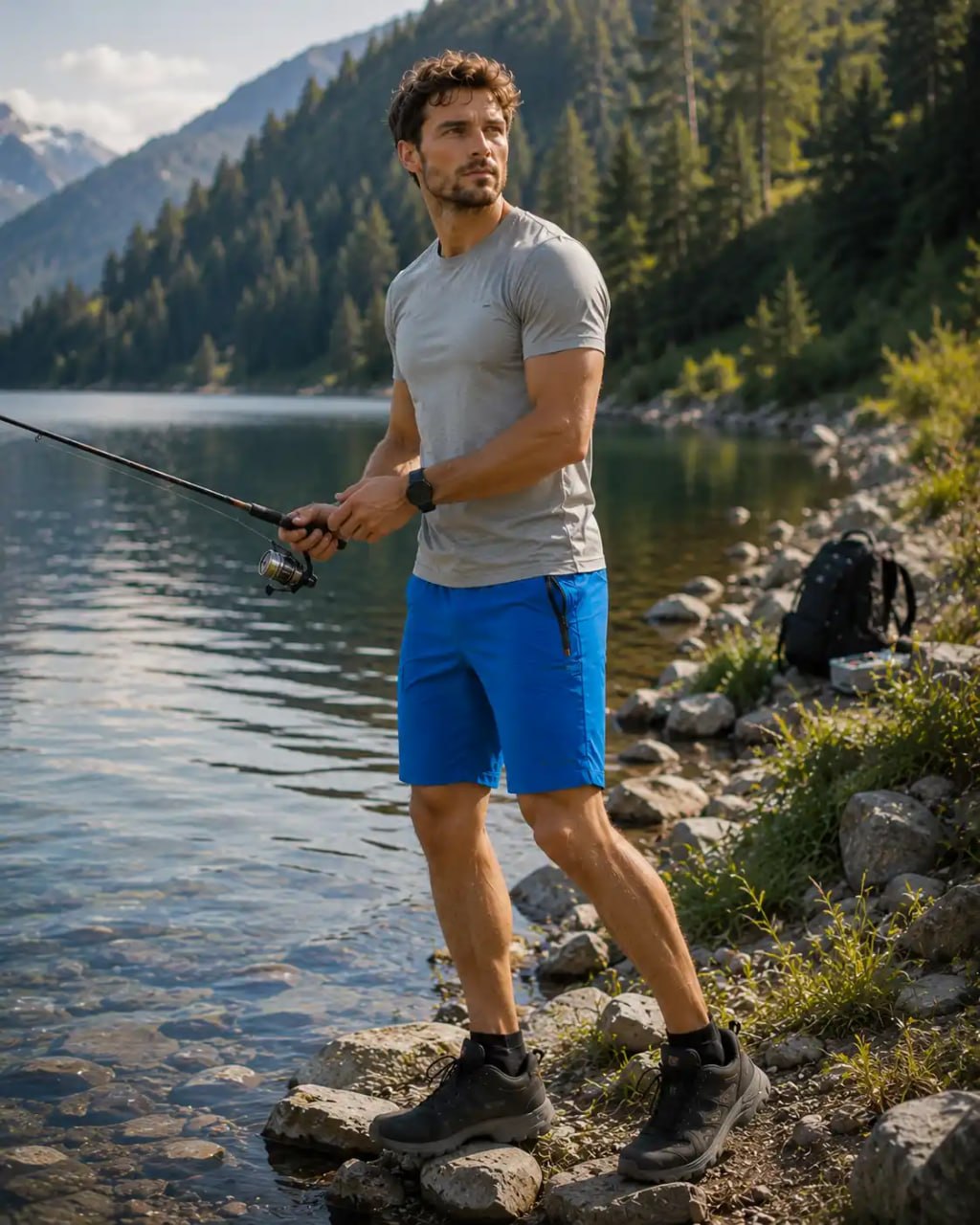 Man in Life-Line blue short fishing by a lake with mountains in the background