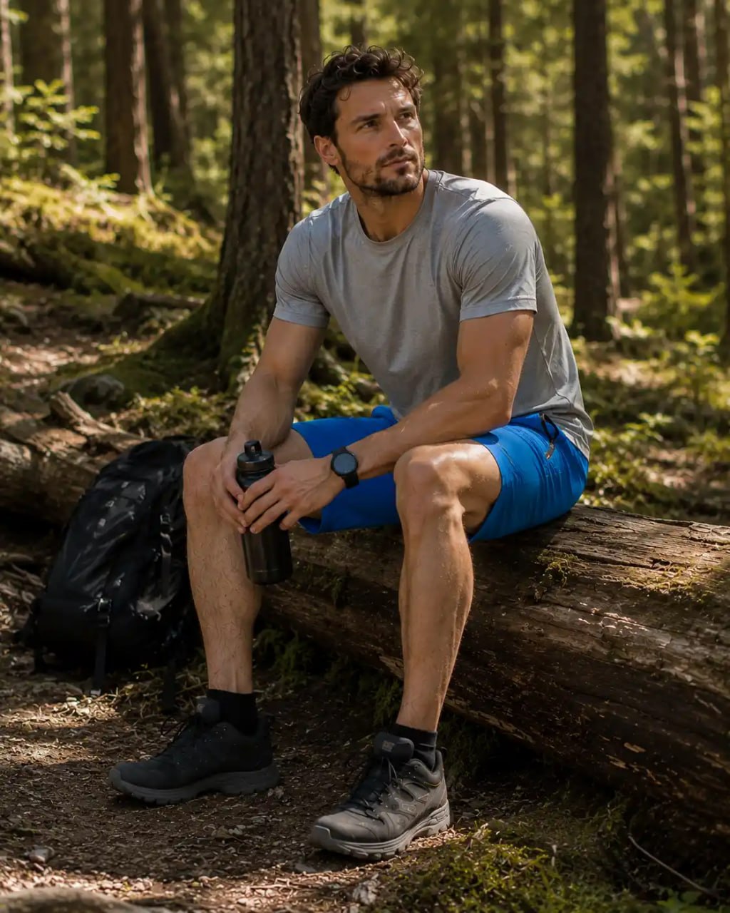 Man in Life-Line blue short sitting on a log in a forest holding a water bottle