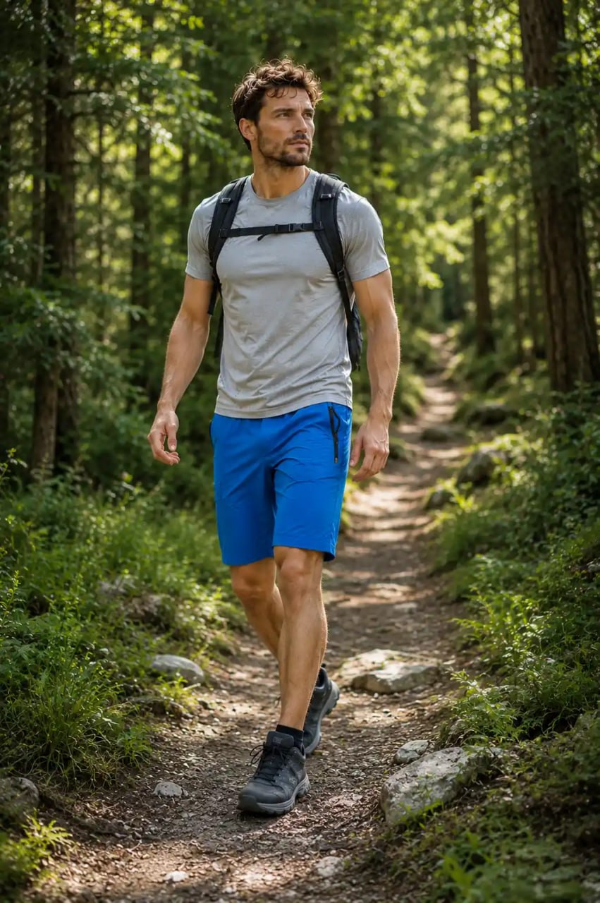 Man hiking on a trail in a forest wearing a gray t-shirt, blue Life-Line blue short, and a black backpack.