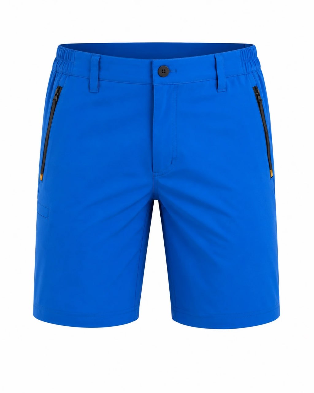Blue shorts with black zippers on a white background