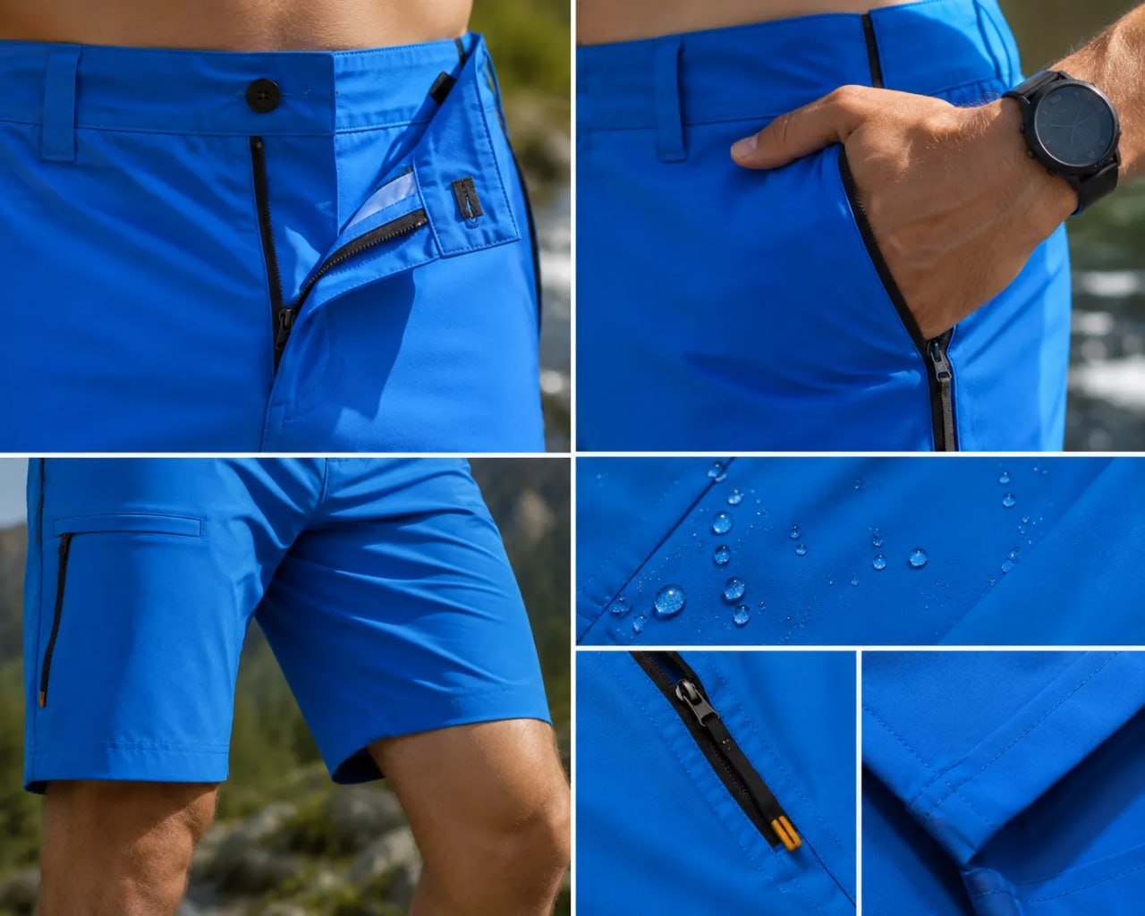 Collage of blue shorts with various features shown, including a close-up of a pocket, a hand in a pocket, water droplets on fabric, and a zipper.