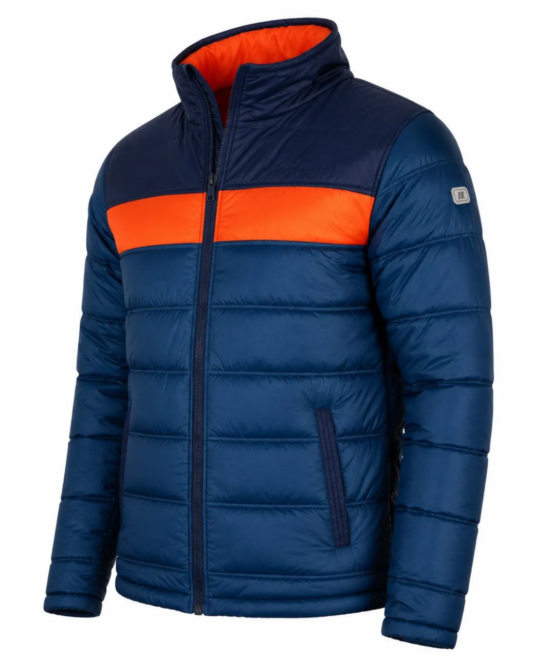 Blue puffer jacket with orange accents on a white background