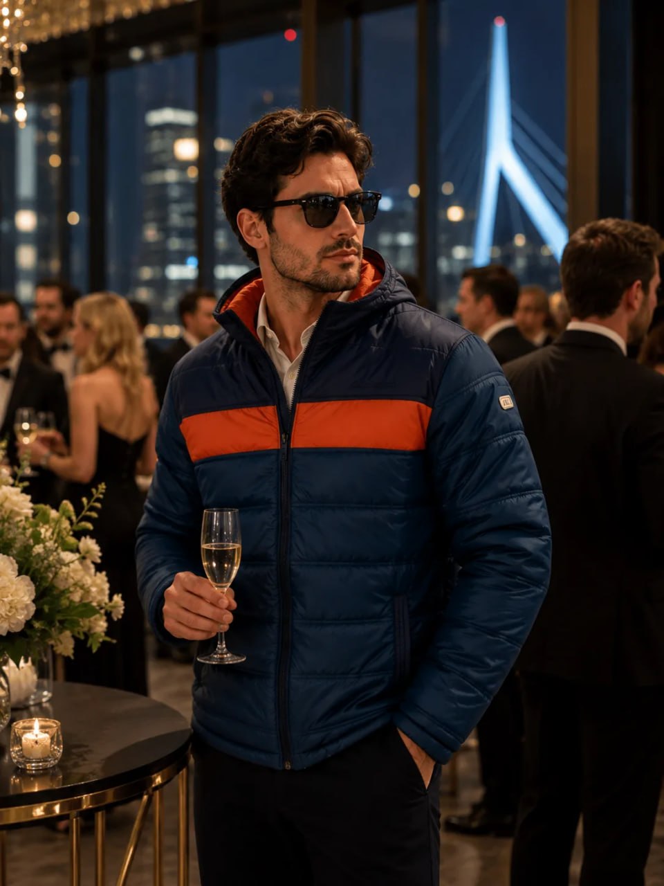 Man in a blue and orange jacket holding a glass of champagne at an evening event with city lights in the background.