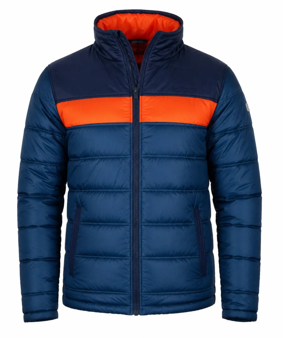 Blue puffer jacket with orange accents on a white background