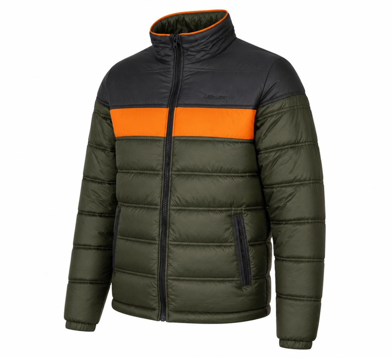 Green and orange puffer jacket on a white background