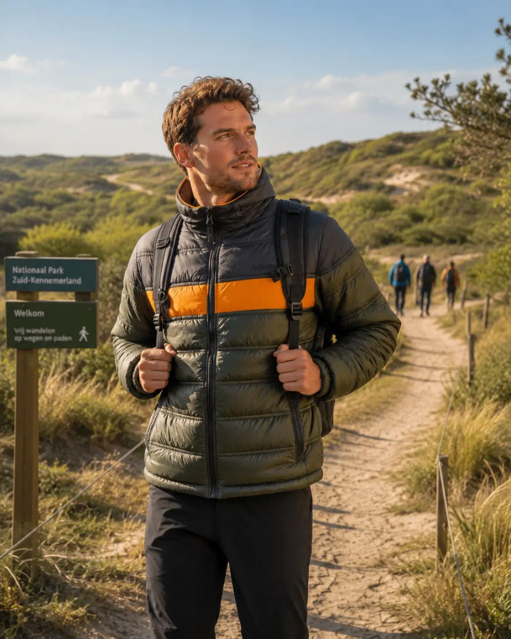 Man in a green and orange jacket hiking on a trail with a National Park sign in the background.