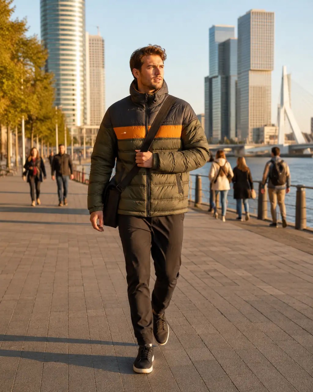 Man walking along a waterfront promenade with city skyline in the background