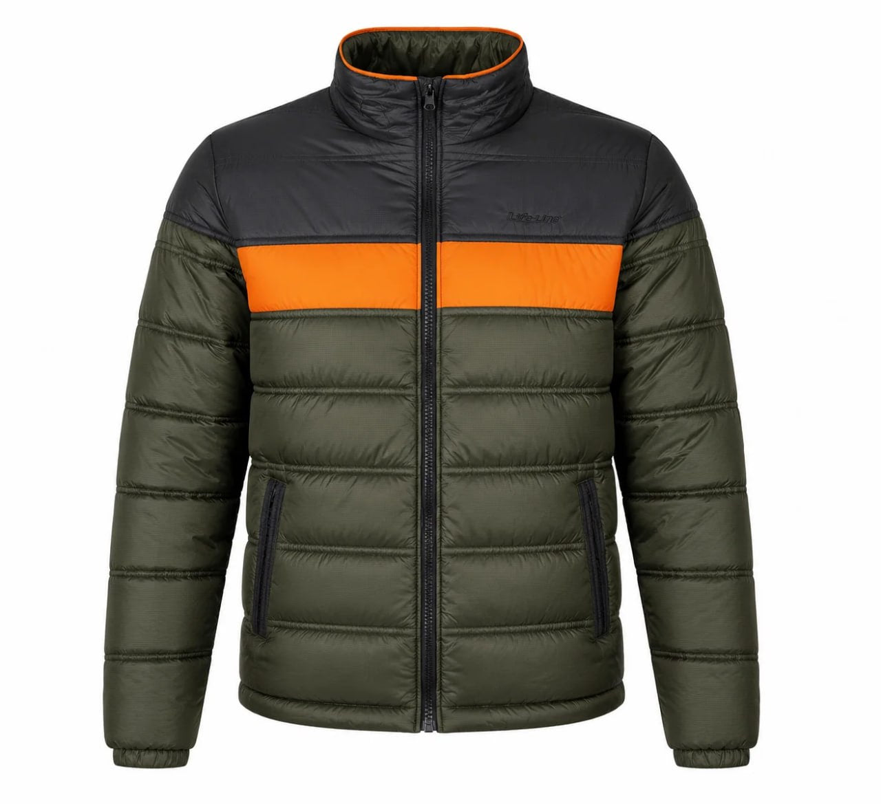 Green and orange puffer jacket on a white background