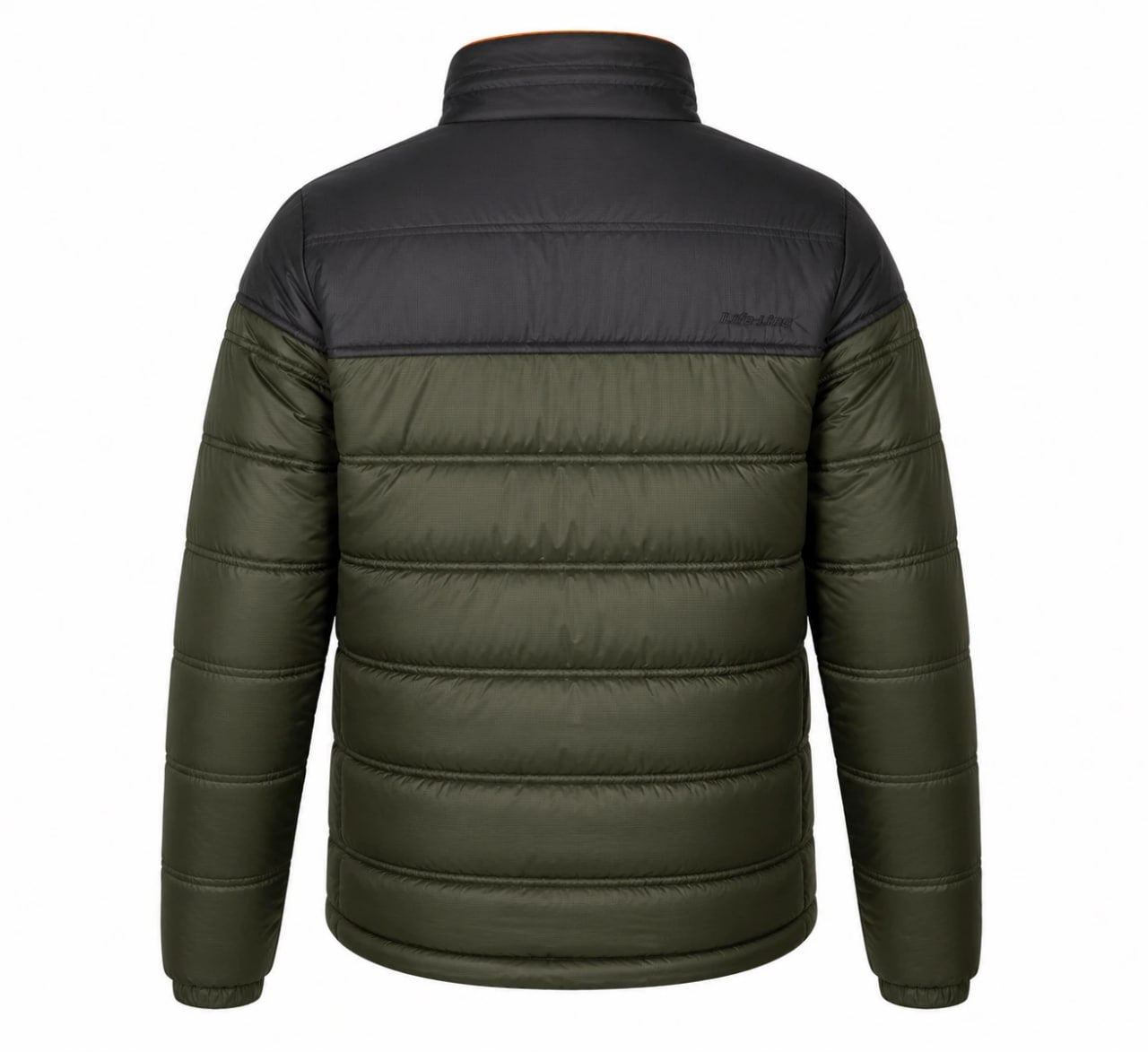 Two-tone puffer jacket with black and green colors on a white background