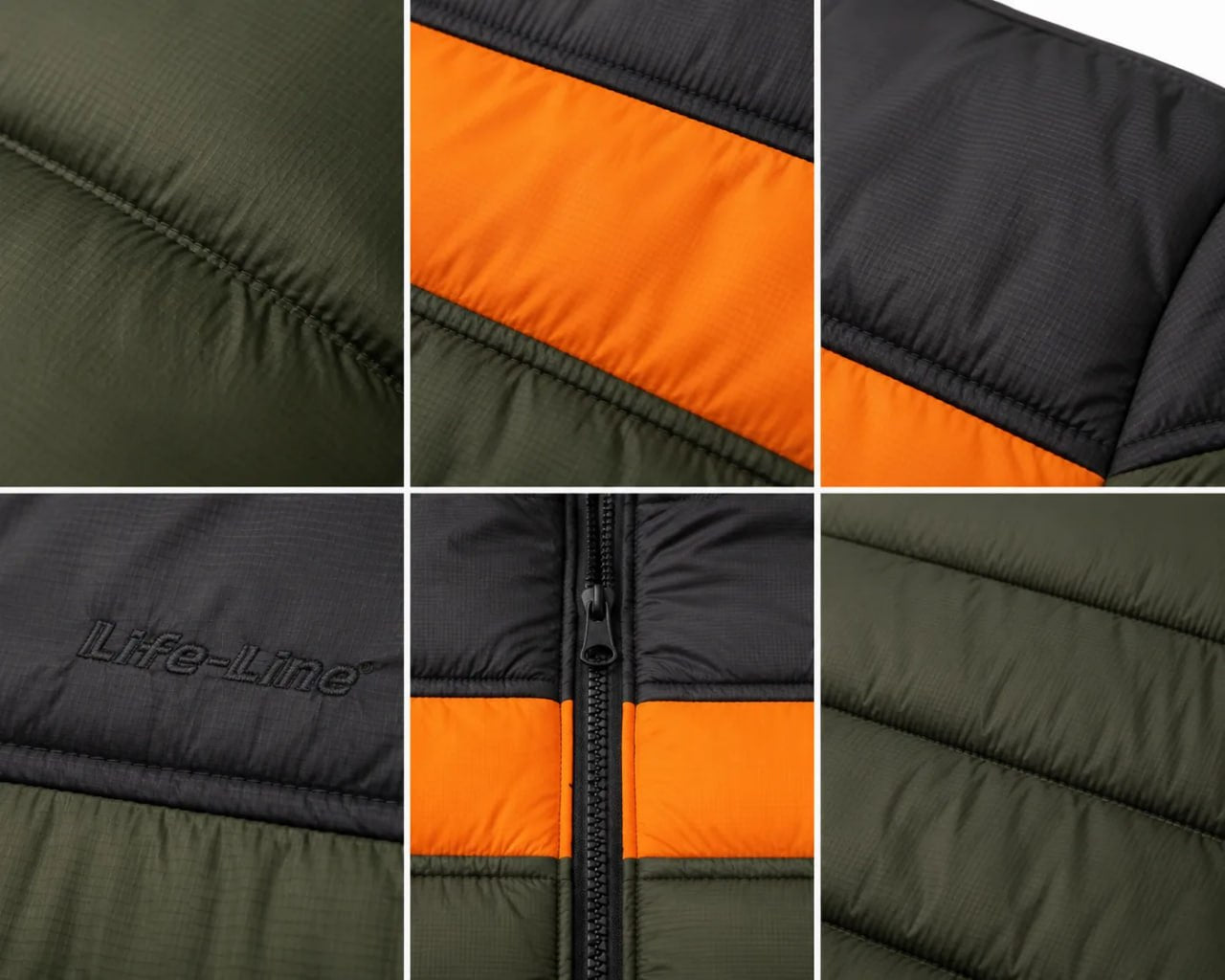Collage of close-up details of a green and orange jacket with visible branding.