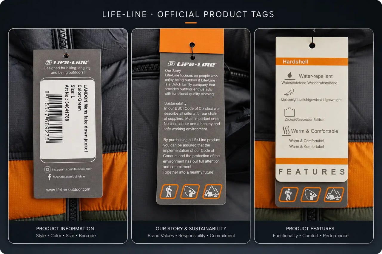 Life-Line product tags on a jacket with details about style, color, size, and features.
