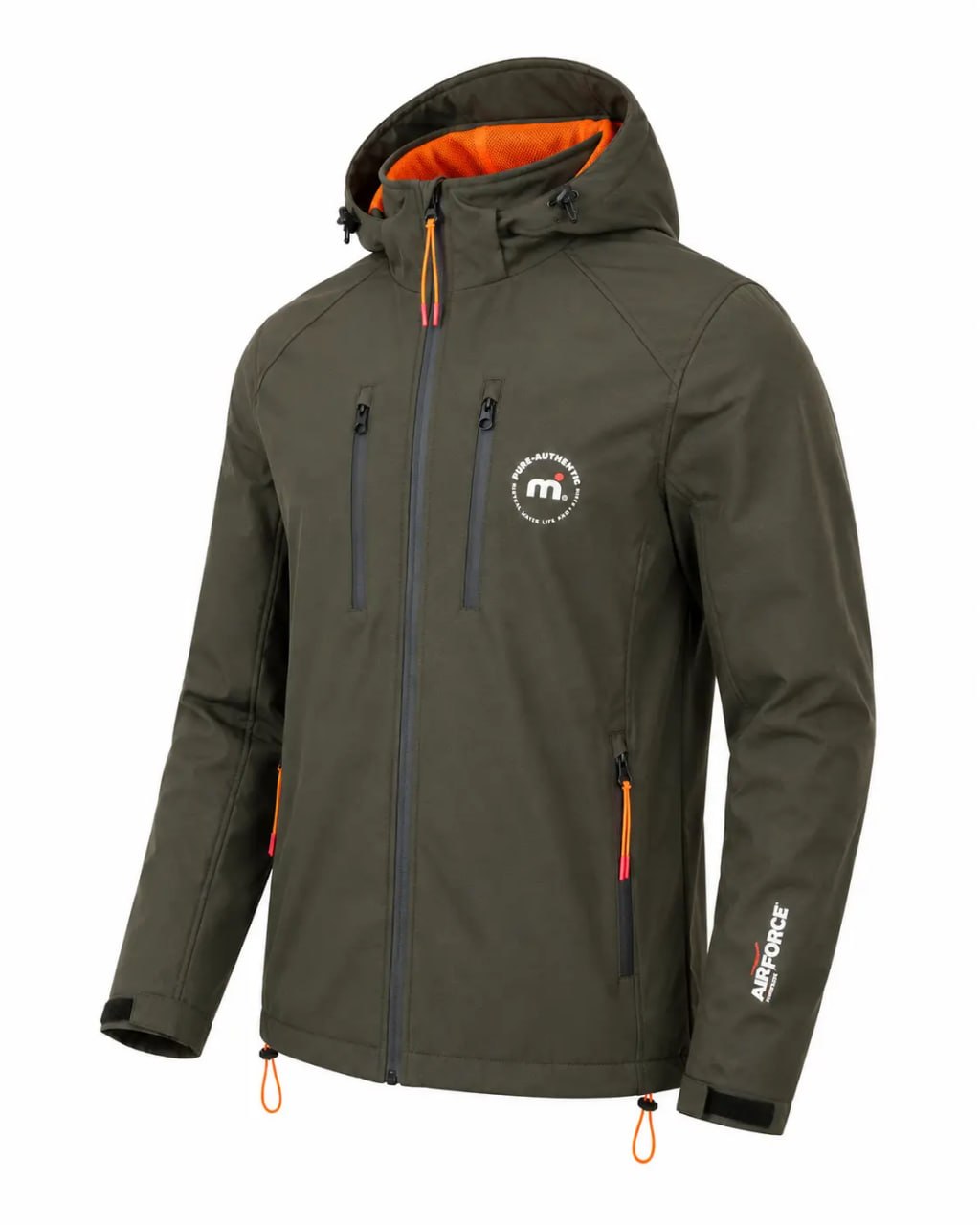 Green jacket with orange interior lining on a white background