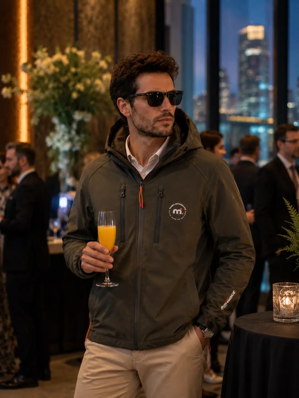 Man in a dark jacket holding a glass of orange juice at an event with city skyline in the background