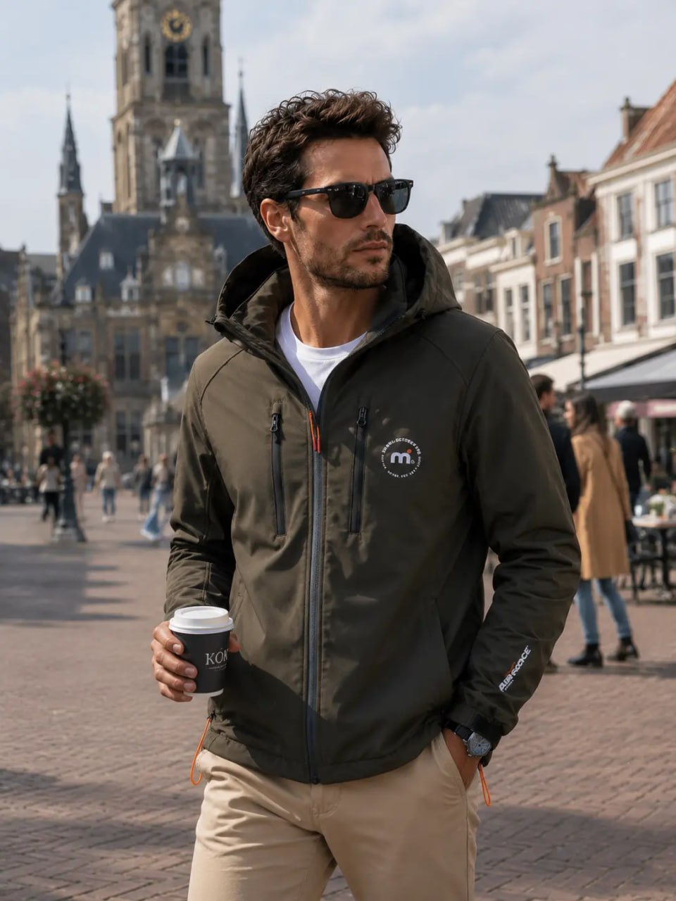 Man wearing a dark jacket with a logo, holding a coffee cup, in an urban setting.