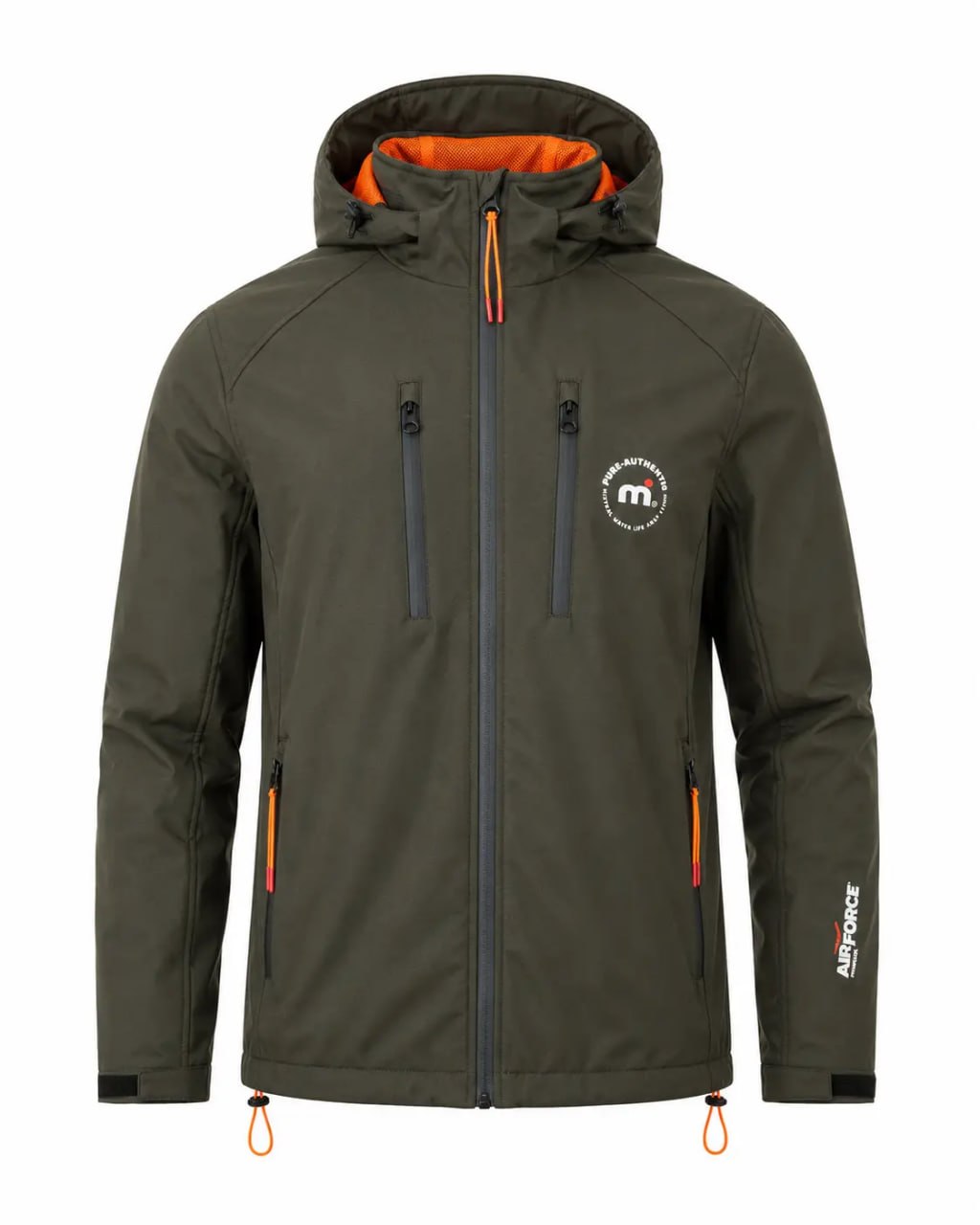 Green jacket with orange accents on a white background