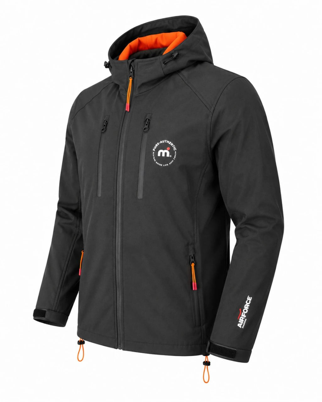 Black jacket with orange accents on a white background
