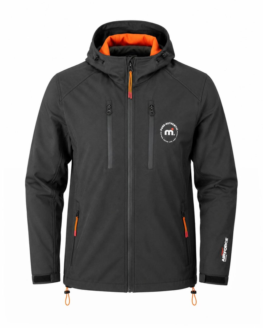 Black jacket with orange interior and accents on a white background