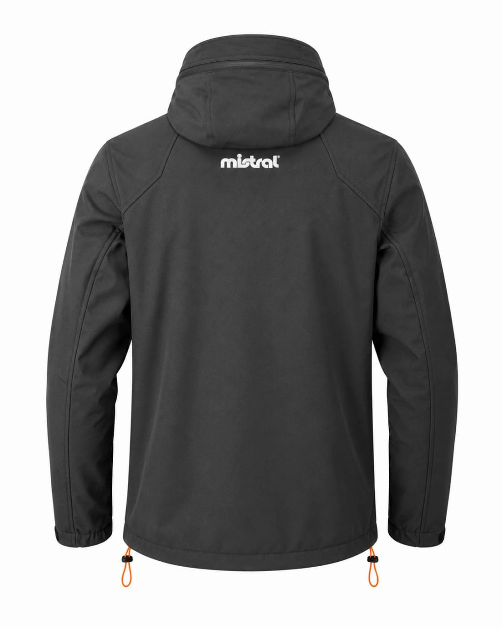 Black jacket with 'Mistral' logo on the back against a white background
