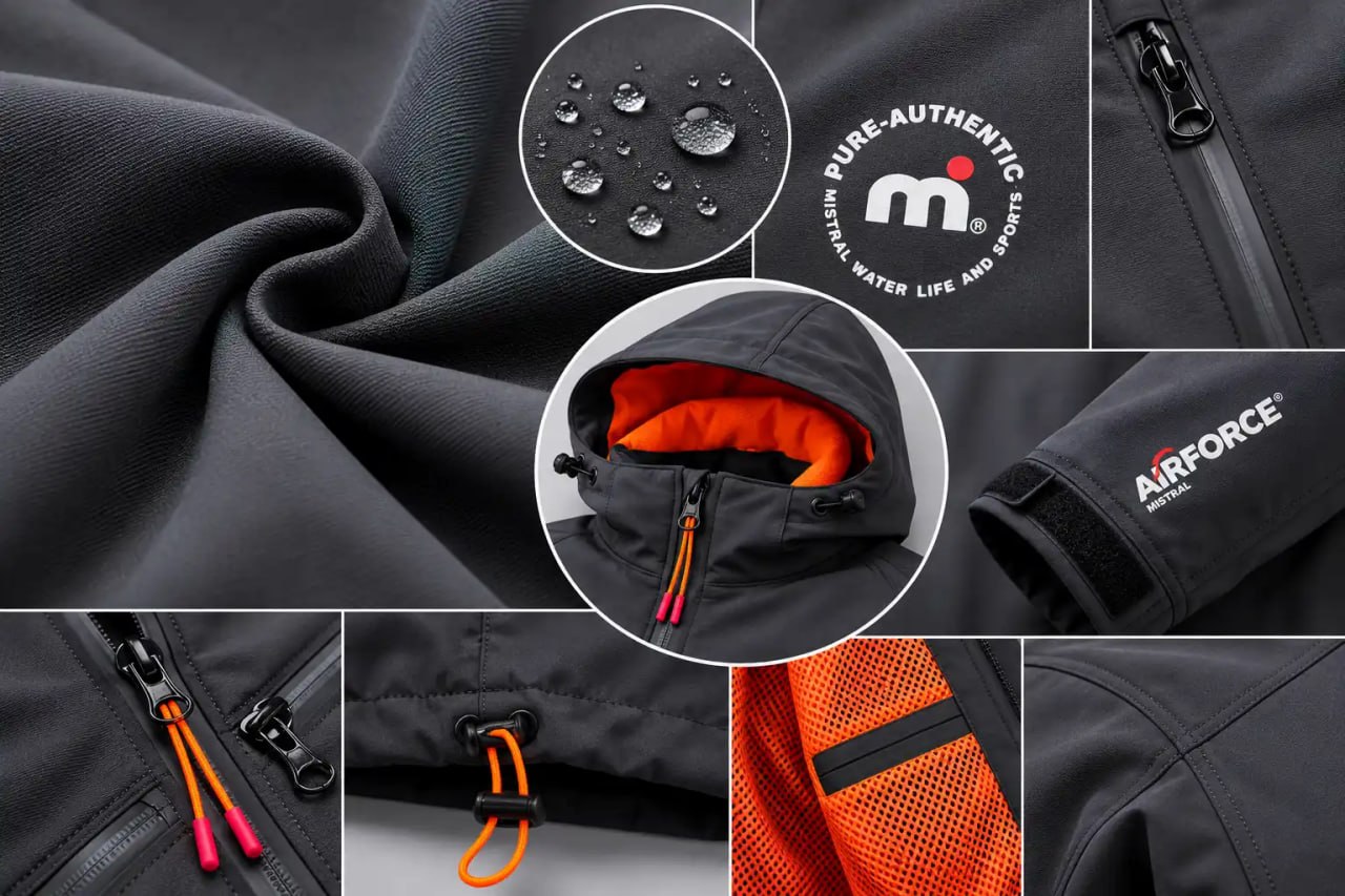 Collage of a black jacket with orange accents, featuring close-ups of fabric texture, water droplets, and brand logos.