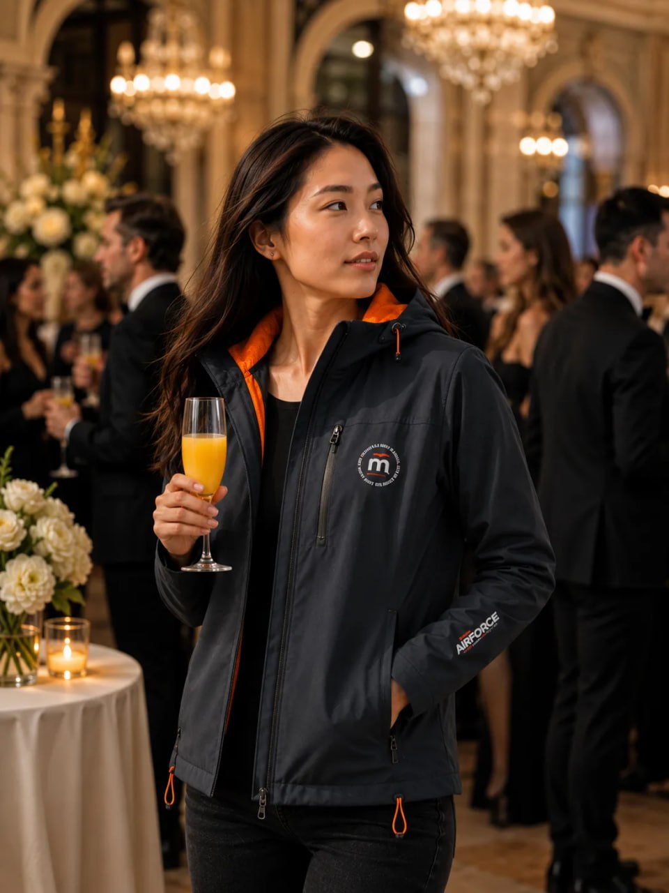 Woman in a dark jacket with an 'm' logo holding a glass of orange juice in a formal event setting.