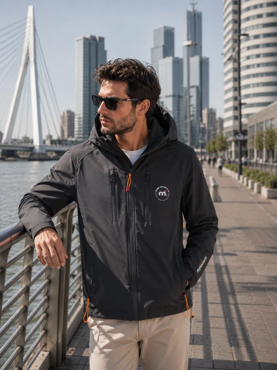 Man wearing a black jacket with a logo, standing by a waterfront with city skyline in the background
