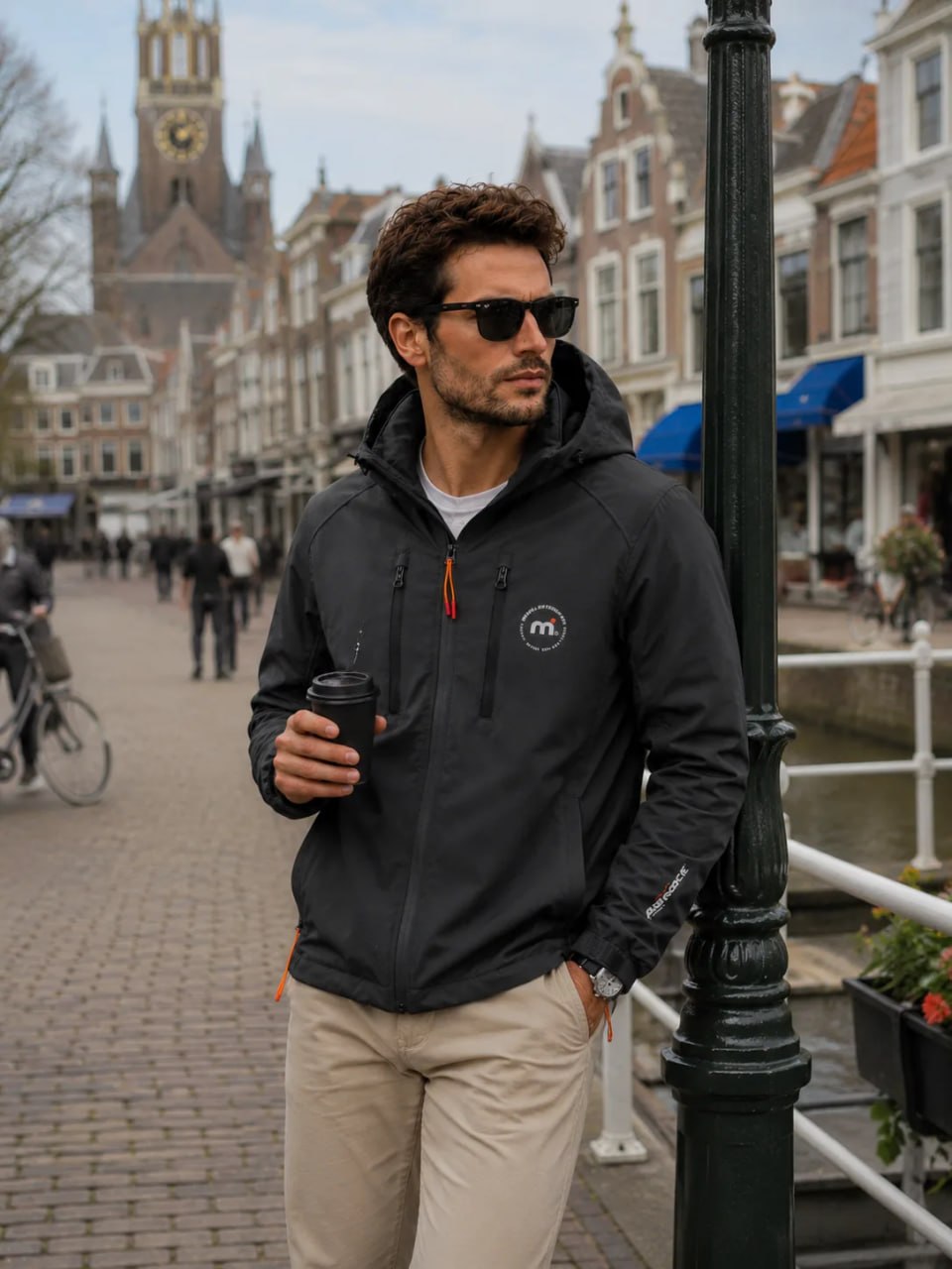 Man in a black jacket with a logo, sunglasses, and beige pants standing in an urban setting.