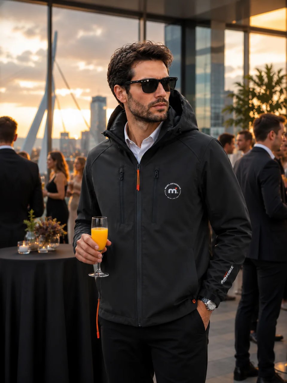 Man in a black jacket holding a glass of orange juice at an outdoor event with a cityscape background.