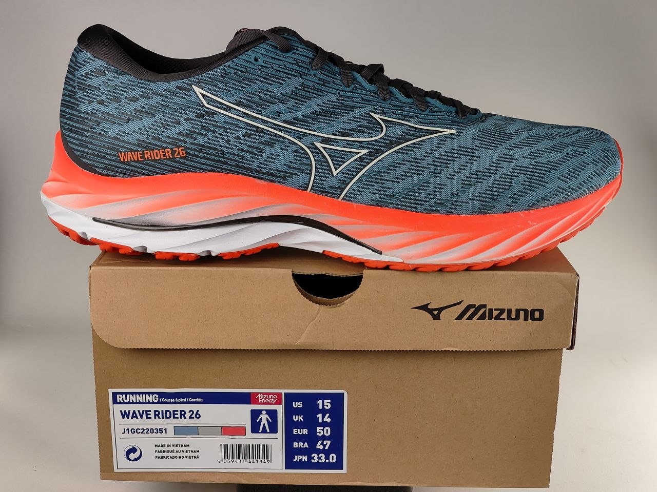 Mizuno-Wave-Rider-26-Men's-Running-Shoes-Grey-Coral-Orange-White-