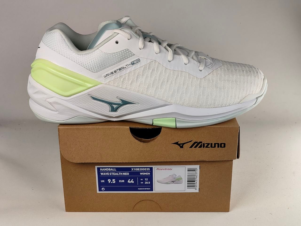 Mizuno-Wave-Stealth-Neo-Women's-Handball-Shoes-White-Ice-Grey-Neon-Lime-
