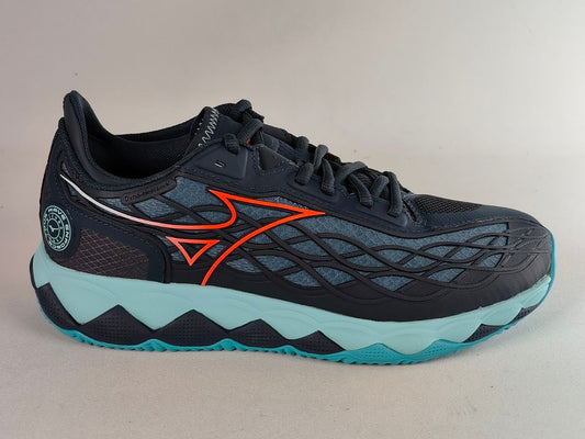A Mizuno running shoe in black and dark gray with a bright orange logo, a light blue midsole, and a turquoise outsole, shown against a neutral light gray background.