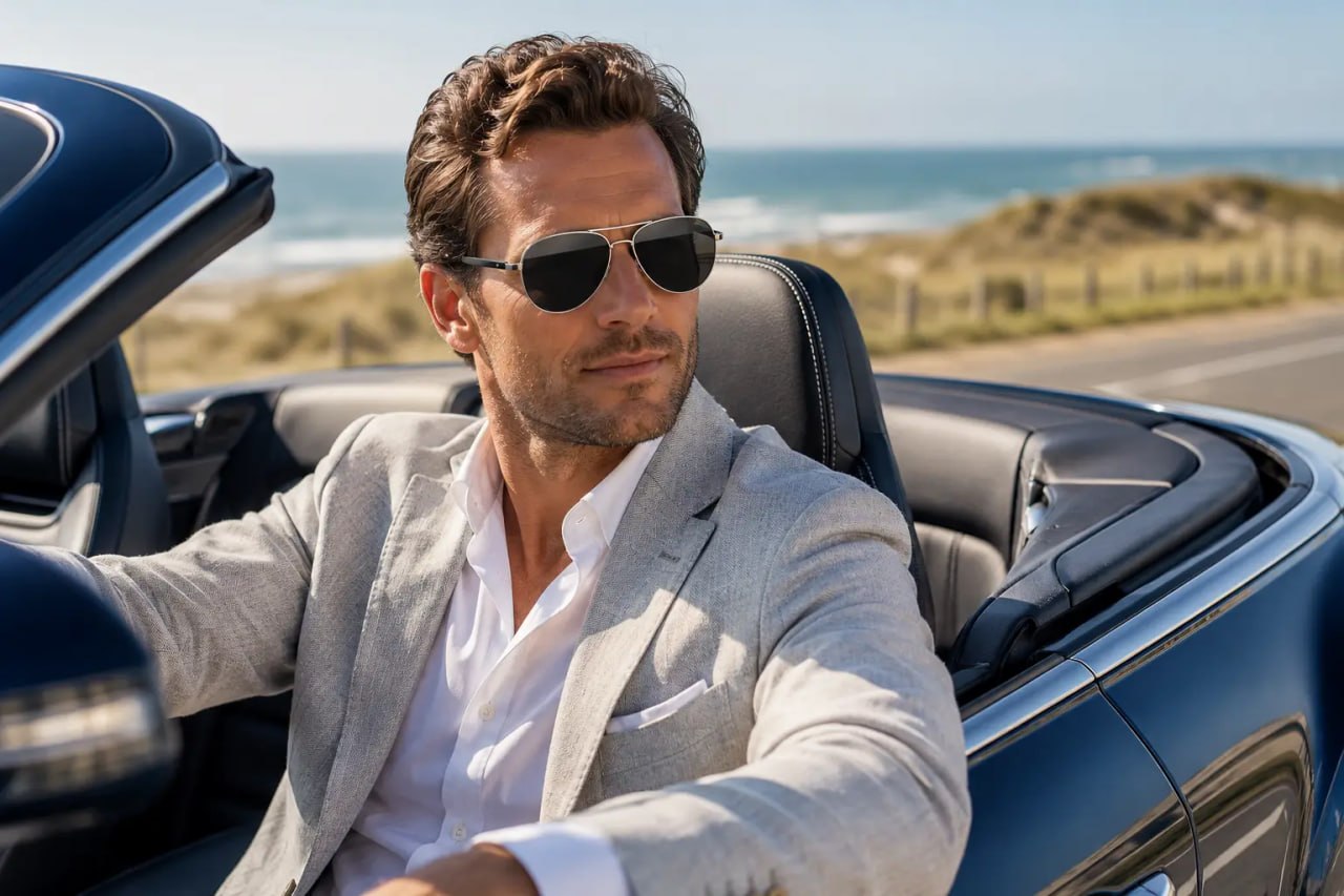 Man with Next Aviator Sunglasses Silver Frame Dark Grey Lens in a gray suit sitting in a convertible car by the ocean