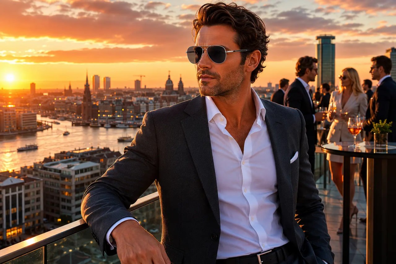 Man in a suit and Next Aviator Sunglasses Silver Frame Dark Grey Lens overlooking a city skyline at sunset